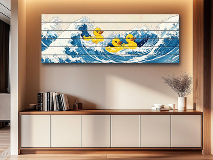 Rubber Ducks on The Great Wave off Kanagawa Print on Natural Wood – Fun Wall Art