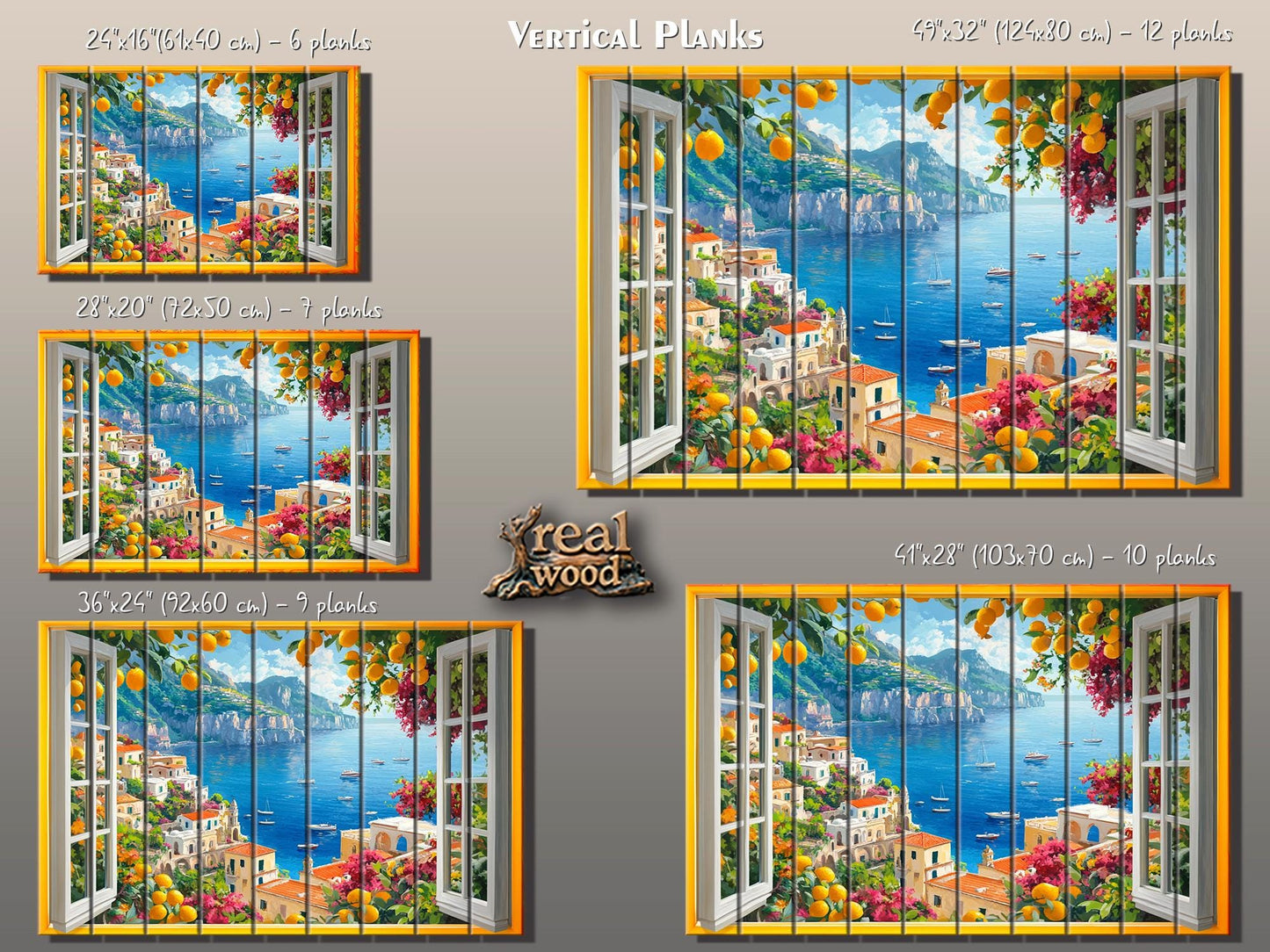 Amalfi Coast Wall Art - Rustic Wood Plank Artwork With Window View Print