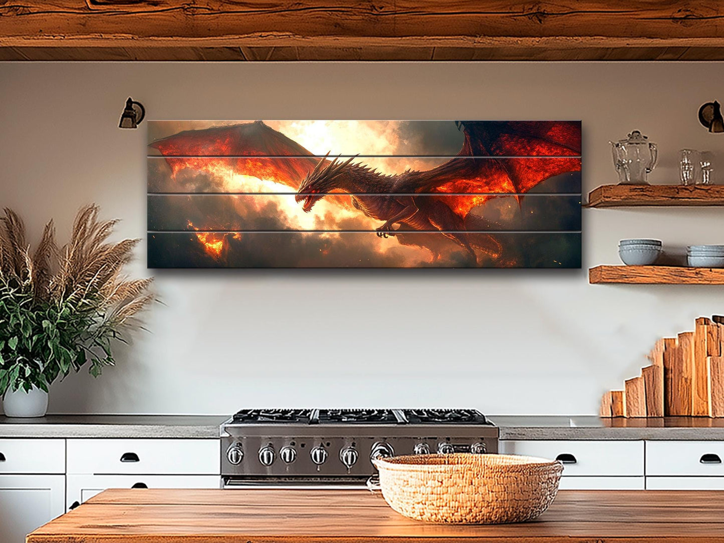 Dragon Wall Art - Large Dragon Print on Wood | Rustic Fantasy Wood Decor