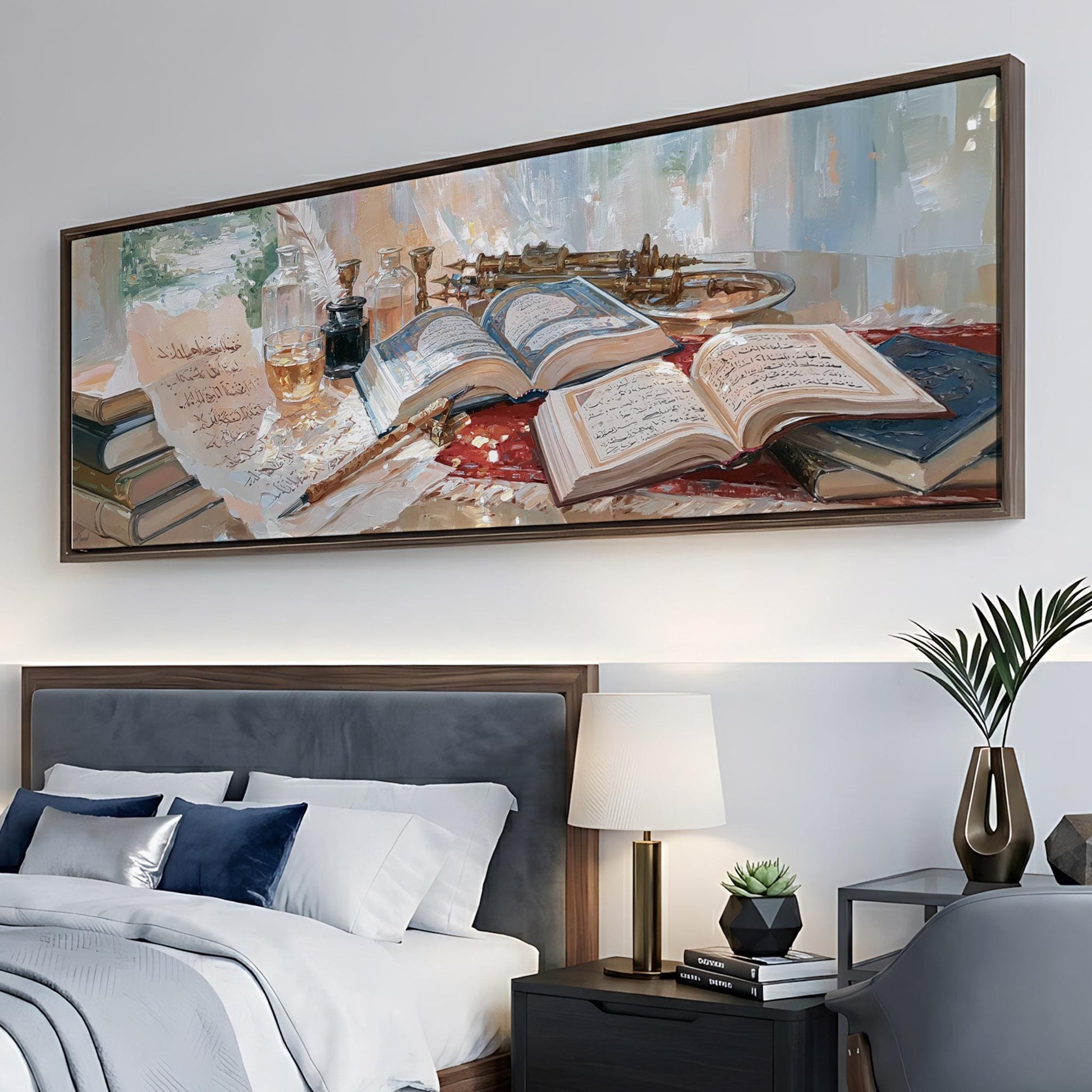 a bedroom with a large painting of a bookshelf and various books and objects on it, hanging on the wall above a bed.