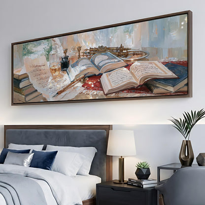 a bedroom with a large painting of a bookshelf and various books and objects on it, hanging on the wall above a bed.