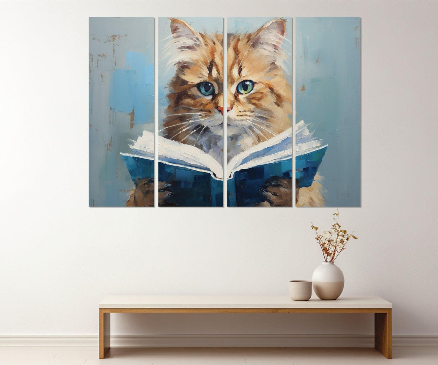 Cat Reading Book Abstract Painting Canvas Print, Kids Room Decor, Nursery Wall Art, Framed and Ready to Hang