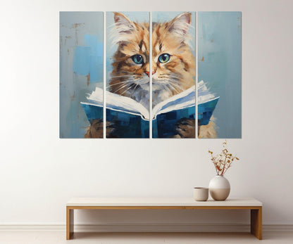 Cat Reading Book Abstract Painting Canvas Print, Kids Room Decor, Nursery Wall Art, Framed and Ready to Hang