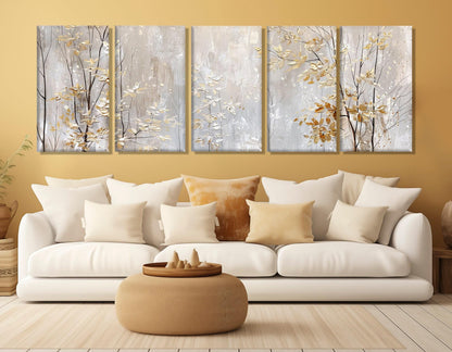 Winter Trees Canvas Print – Golden Leaves Wall Art | Soft Tones Painting, Ready to Hang