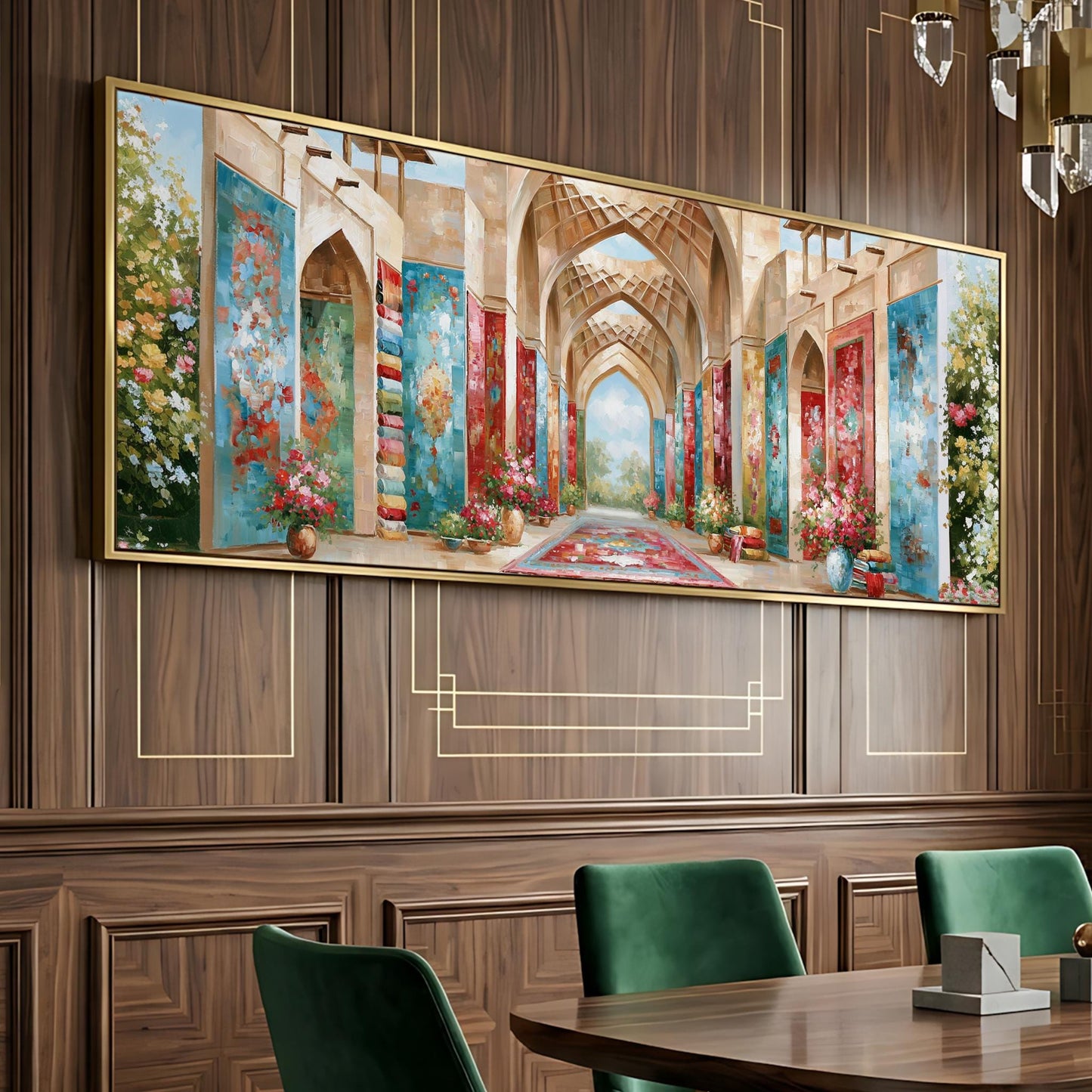 a large, colorful painting of an ornate, arched hallway with floral decorations hanging on the wall above a wooden dining table with green chairs.