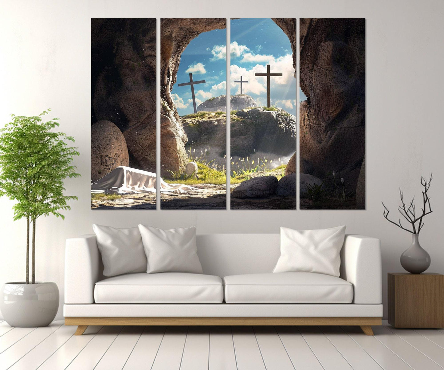 Empty Tomb and Three Crosses Symbolizing Jesus Resurrection Canvas Print, Framed and Ready to Hang
