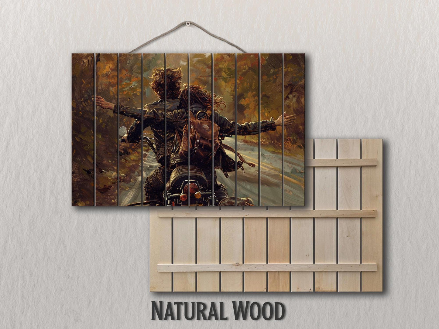 Wood Wall Art - Happy Couple on Bike Print on Natural Wood, Love Wall Art, Traveler Gift, Romantic Painting, Biker Gift, Travel Wall Art