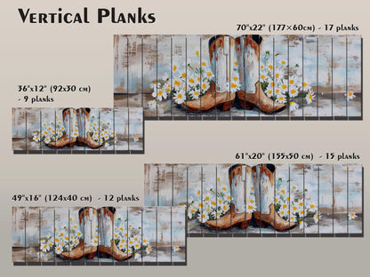 Cowboy Boots Wall Art - Handcrafted Wood Print | Rustic Western Decor with Daisies