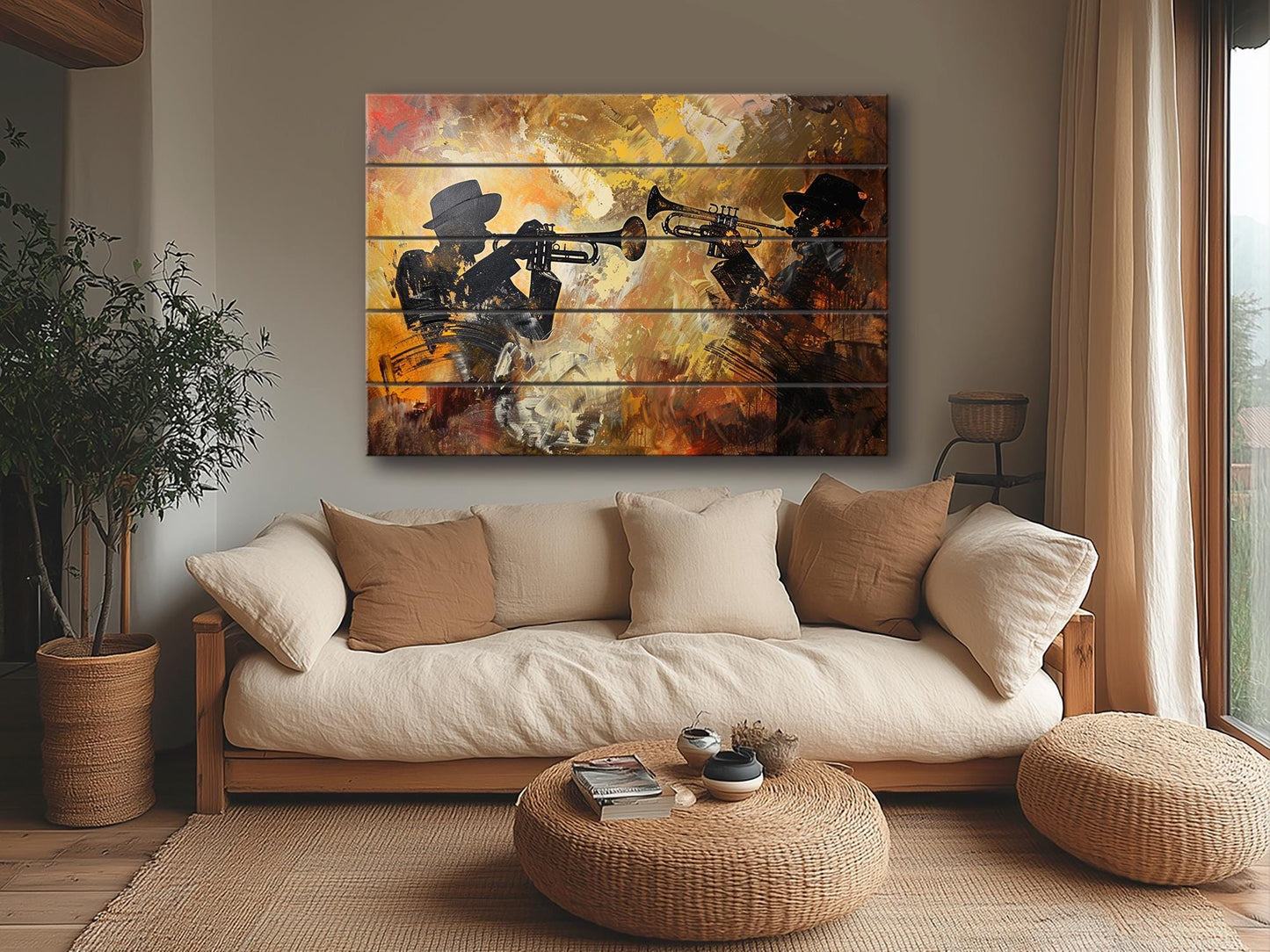 Rustic Wood Wall Art – Abstract Trumpet Painting on Wood | Jazz Music Decor
