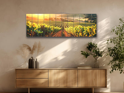 Vineyard Wood Print – Rustic Wood Wall Art with Sunlit Vineyard Landscape