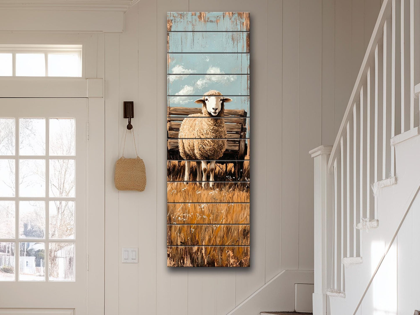Rustic Wood Wall Art – Sheep Printed on Natural Wood Art – Rustic Farm Wall Decor – Folk Style Animal Print on Wood, Farmhouse Wall Art