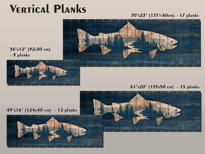 Trout Silhouette with Pine Forest Print on Wood, Rustic Fishing Wall Art