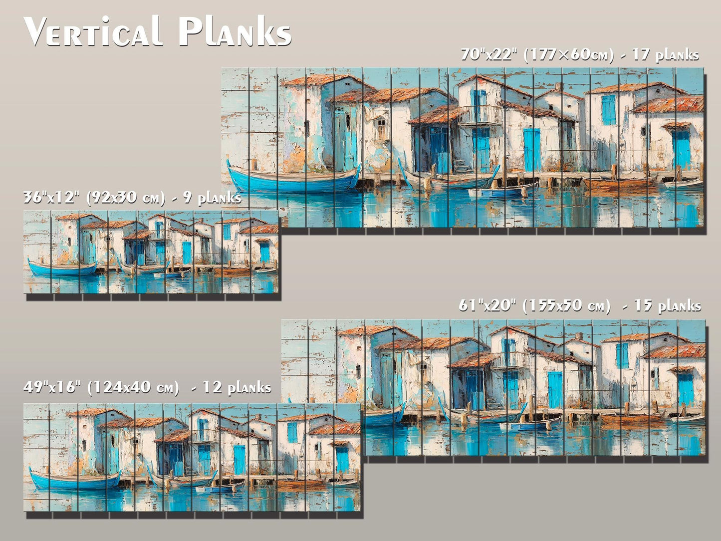 Seaside Village Print – Coastal Wall Art on Rustic Wood with Sky Blue Decor