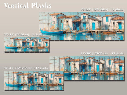 Seaside Village Print – Coastal Wall Art on Rustic Wood with Sky Blue Decor
