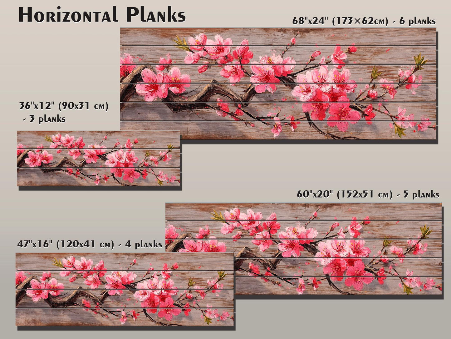 Wood Wall Art - Sakura Branch Painting Printed on Natural Wood, Sakura Tree Print, Japanese Wall Art, Rustic Japanese Wall Decor