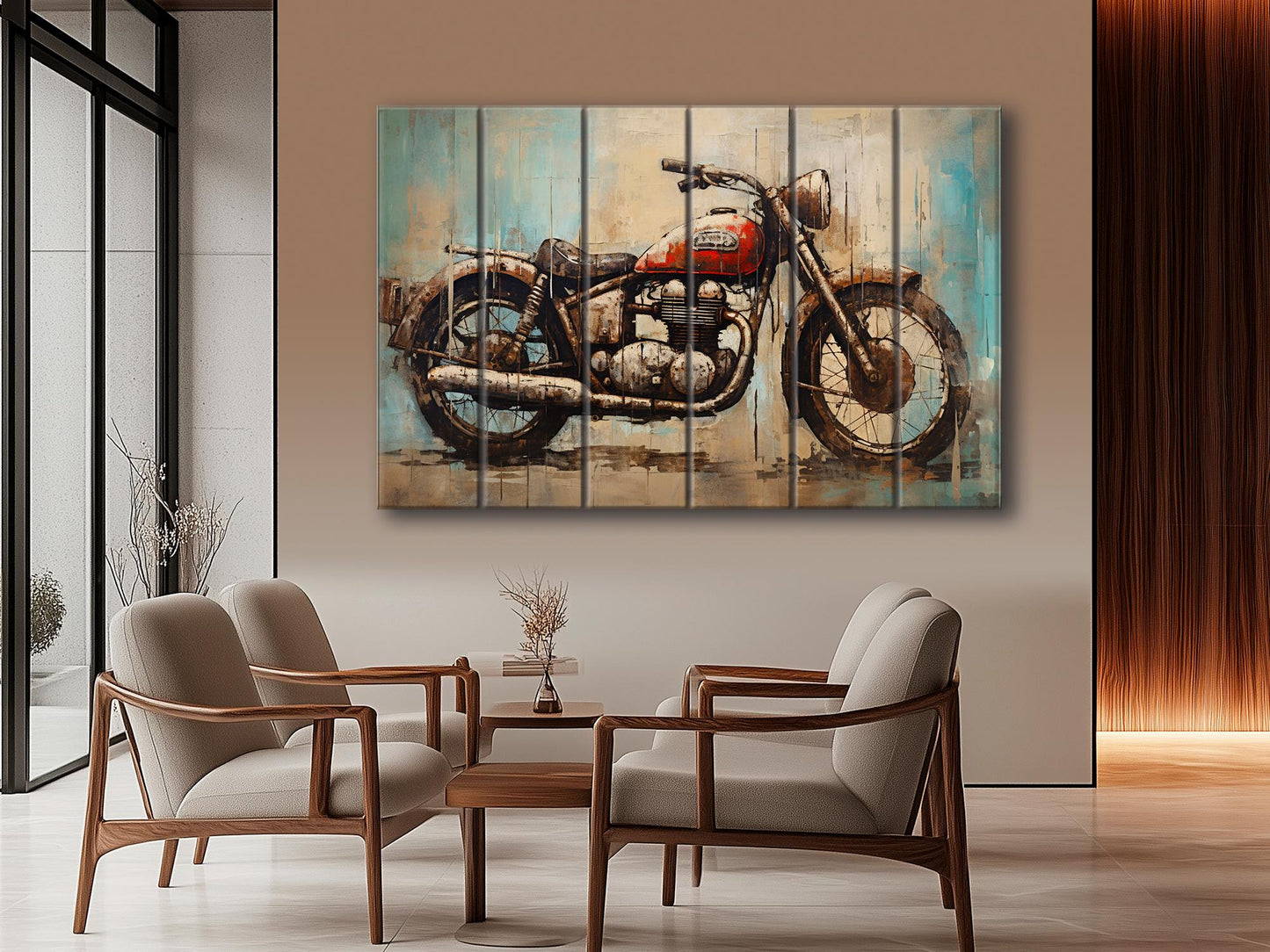 Abstract Rustic Painting of Vintage Motorbike Printed on Natural Wood
