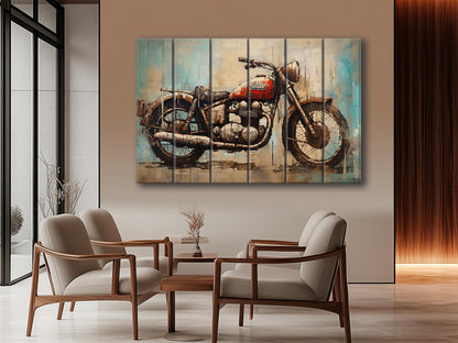 Abstract Rustic Painting of Vintage Motorbike Printed on Natural Wood