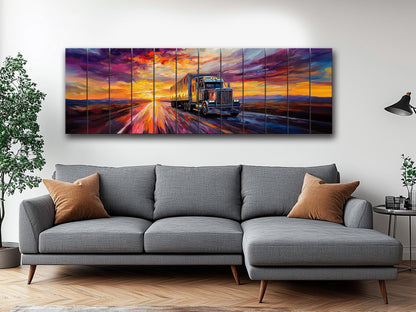 Truck on Highway Print On Natural Wood - Logistics Wall Art