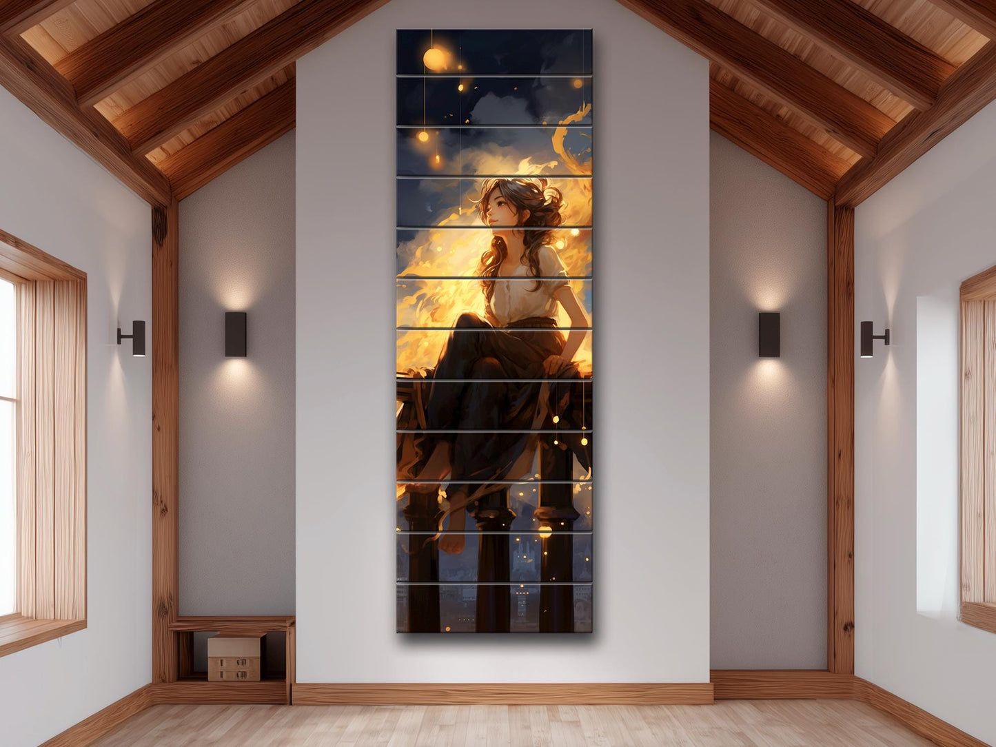 Dreamy Woman Painting | Natural Wood Print - Fantasy Wall Art with Warm Golden Tones