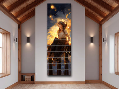 Dreamy Woman Painting | Natural Wood Print - Fantasy Wall Art with Warm Golden Tones