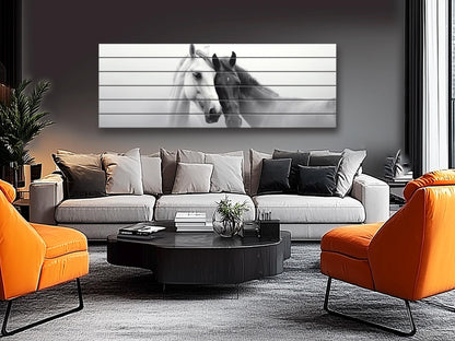 Wooden Wall Art – Black and White Horses Couple Print on Natural Wood Planks