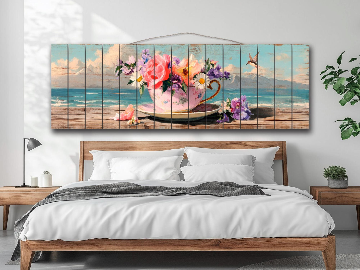 Wood Wall Art – Vintage Floral Teacup Print | Coastal View Artwork on Natural Wood