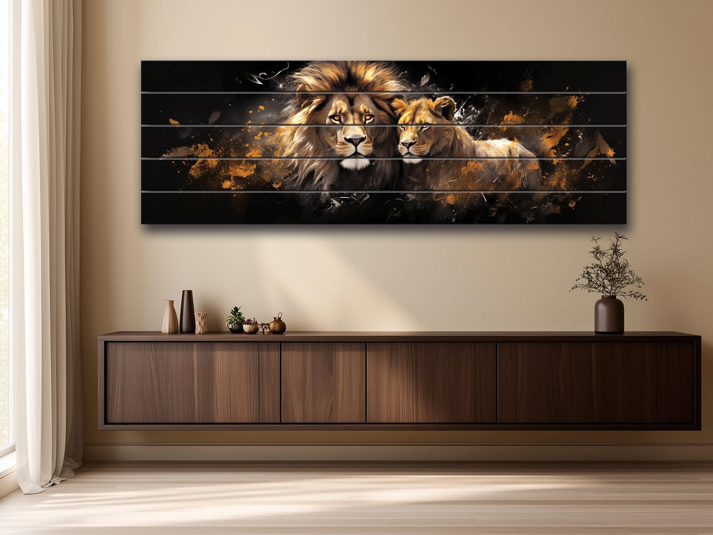 Lions and Lionesses in Love Printed On  Natural Wood – Animal Wall Decor