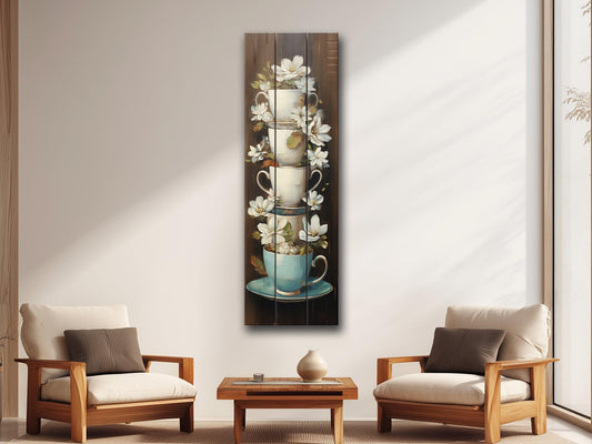 Vintage Wood Wall Art – Rustic Kitchen Decor with Stacked Teacups & White Flower Print