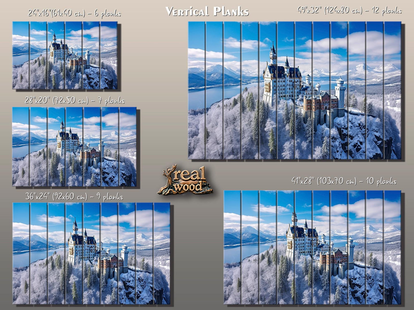 Neuschwanstein Castle Painting – Winter Castle Wall Art on Natural Wood Planks