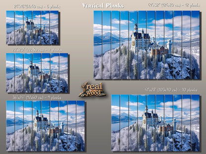 Neuschwanstein Castle Painting – Winter Castle Wall Art on Natural Wood Planks