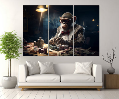 Monkey Playing Poker Canvas Print, Poker Wall Art, Poker Club Decor, Poker Player Gift, Framed and Ready to Hang
