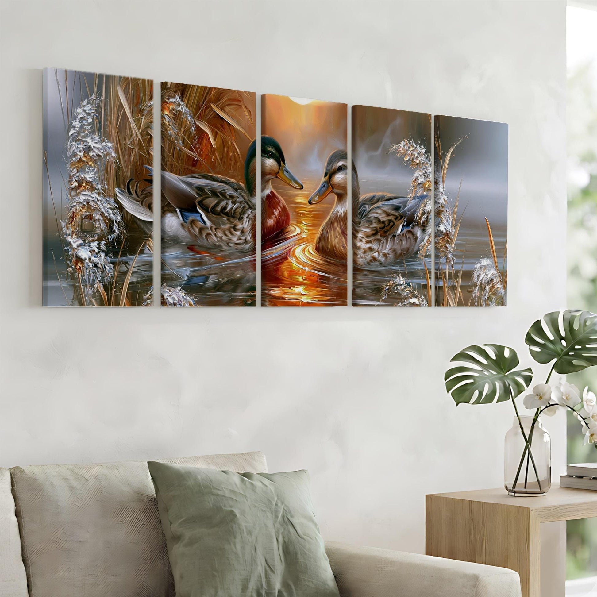 a large, multi-panel artwork depicting two ducks swimming in a body of water, surrounded by plants and flowers.