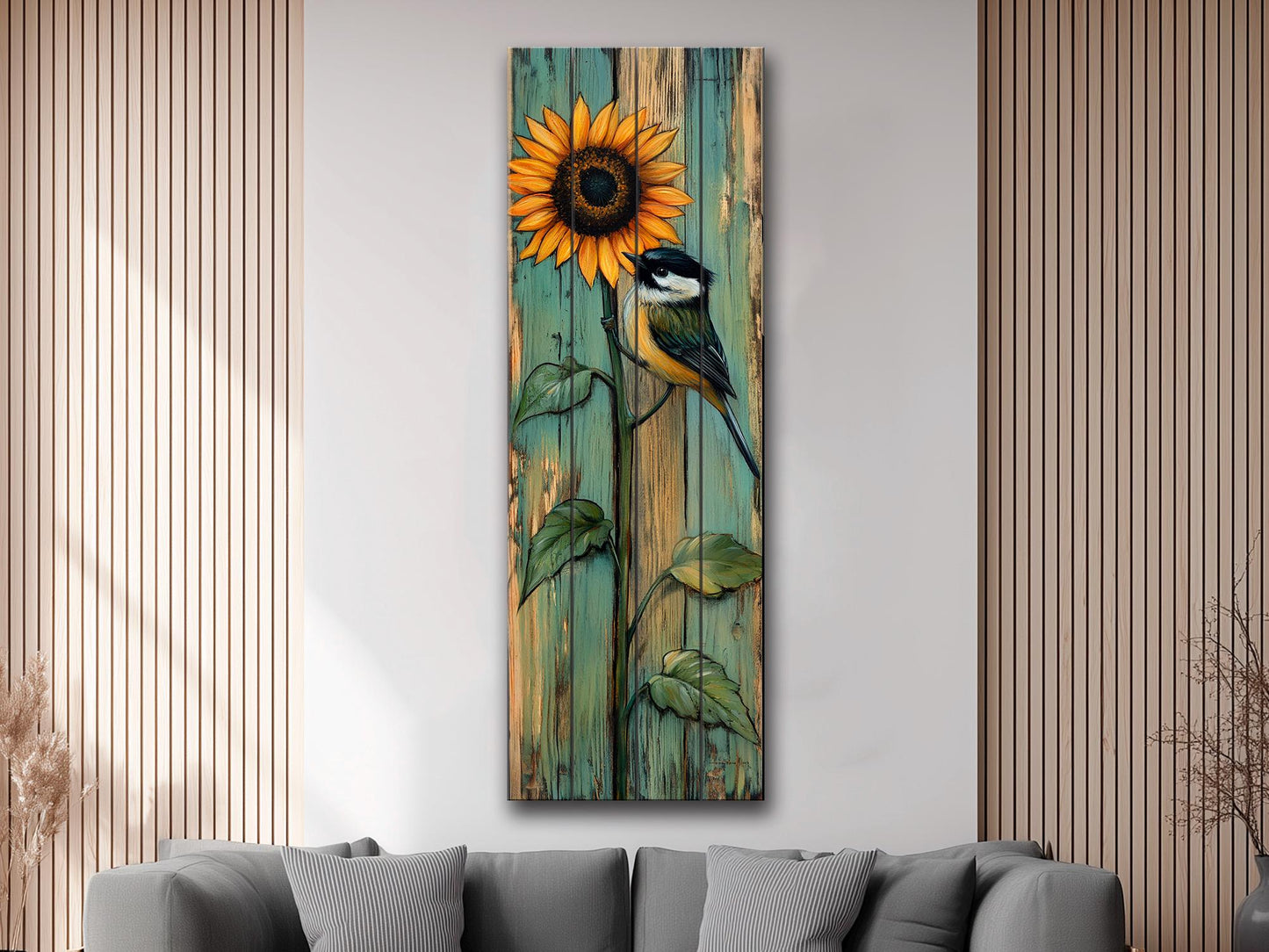 Wood Wall Art – Rustic Chickadee Bird Painting on Sunflower Plank Decor