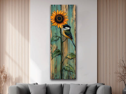 Wood Wall Art – Rustic Chickadee Bird Painting on Sunflower Plank Decor
