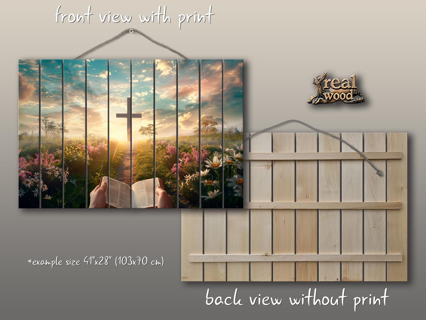 Wood Wall Art - Rustic Bible Cross Painting | Handcrafted Wooden Art with Natural Wood Grain Texture