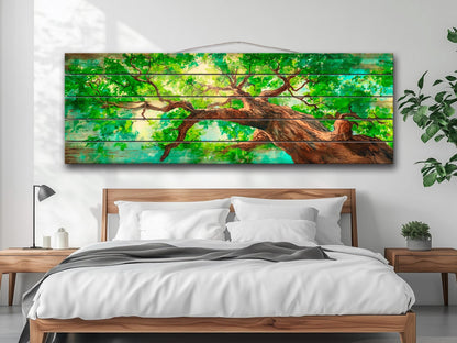 Wood Wall Art – Majestic Tree Painting on Natural Wood Print | Rustic Forest Decor