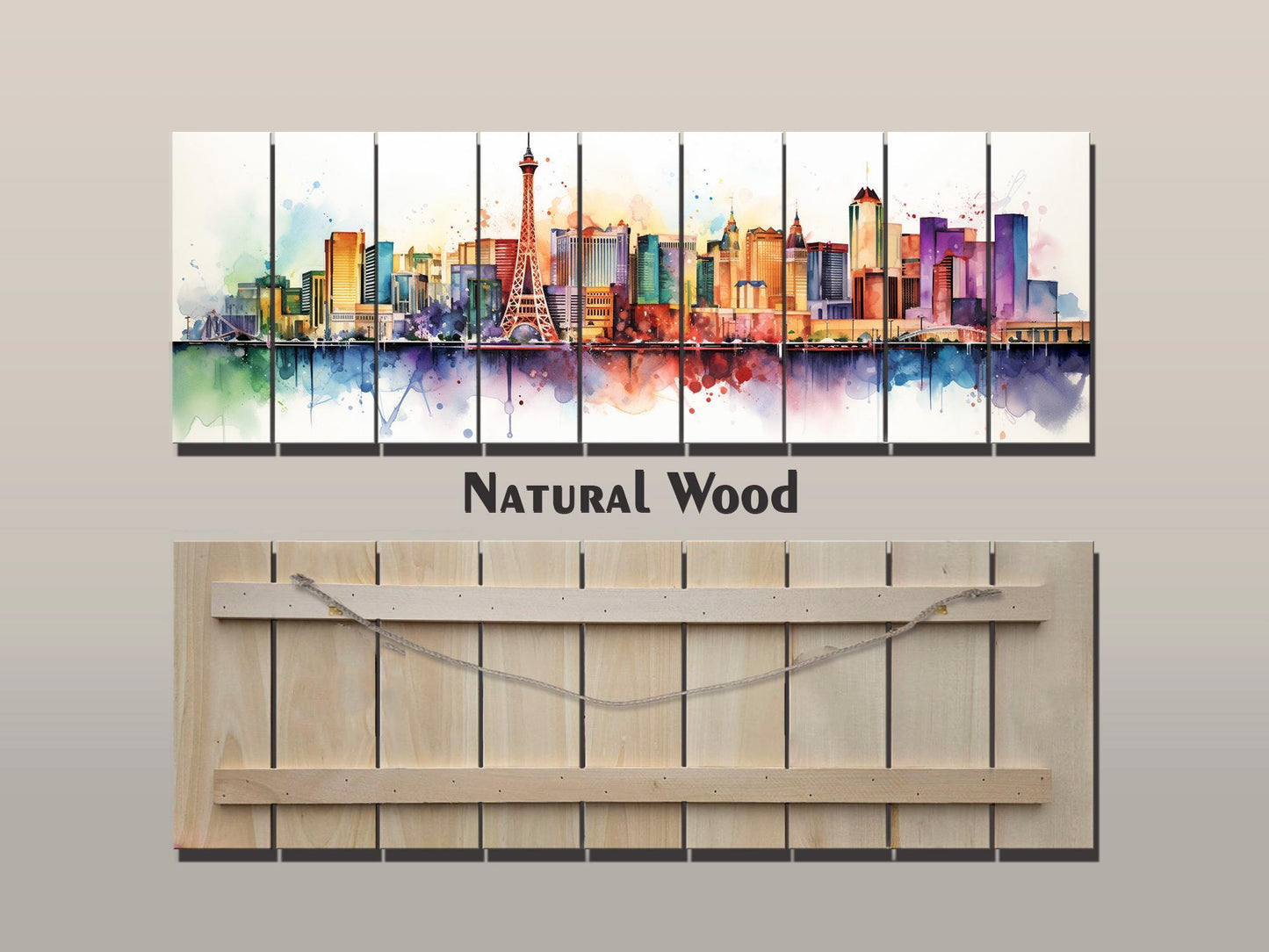 Las Vegas Wall Art – Rustic Wood Decor with Abstract Panoramic Print on Natural Wood