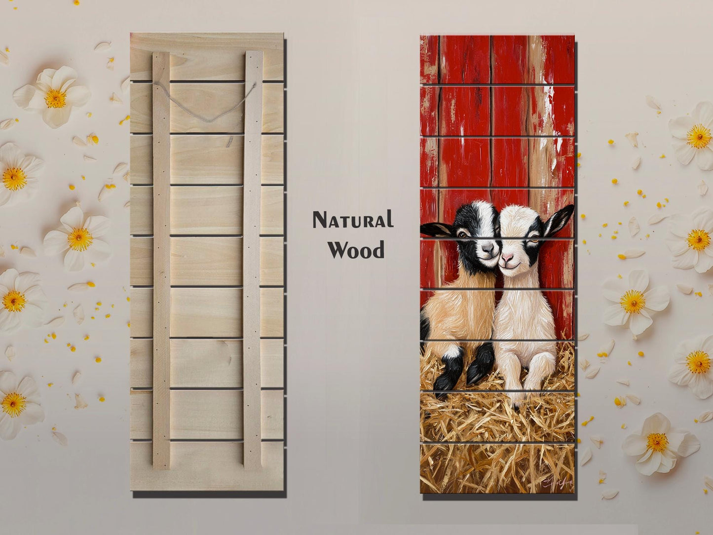 Rustic Wood Wall Art – Two Baby Goats Resting in Straw Next to Red Barn Wall, Farm Animal Print on Natural Linden Wood, Farmhouse Decor