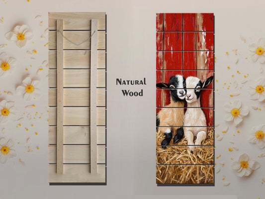 Rustic Wood Wall Art – Two Baby Goats Resting in Straw Next to Red Barn Wall, Farm Animal Print on Natural Linden Wood, Farmhouse Decor