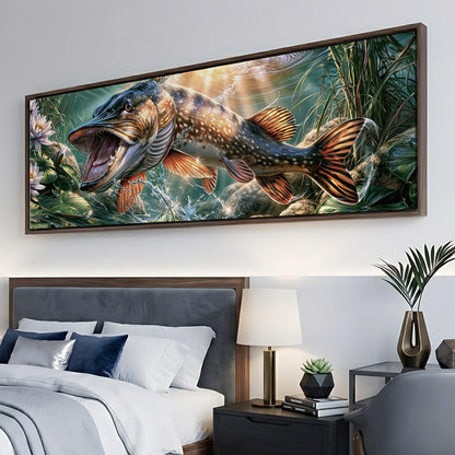 a large painting of a fish with a colorful and detailed depiction of its natural habitat, including water, plants, and other aquatic life.