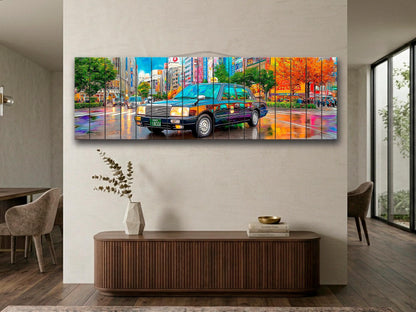 Tokyo Taxi Wood Art, Japanese Street Print