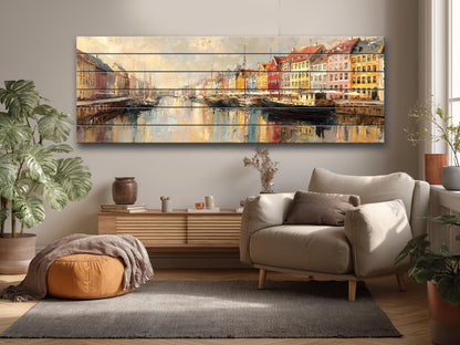 Copenhagen Harbor Wood Print – Rustic Wall Art with Colorful Building Art on Distressed Wood