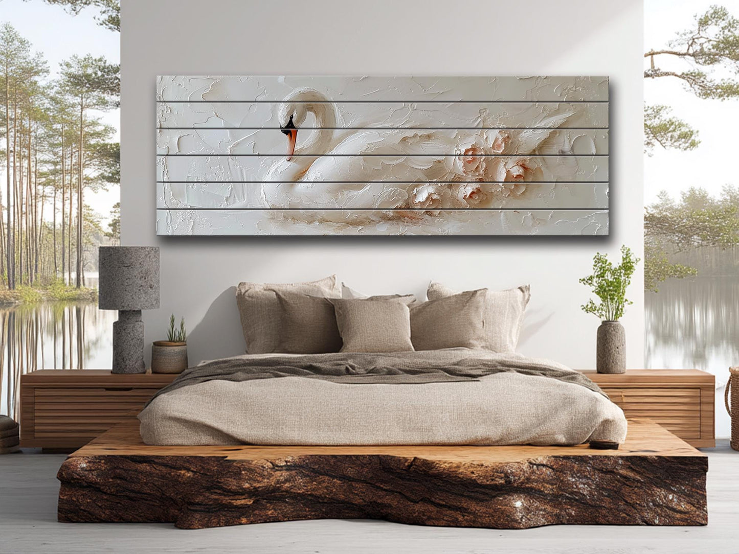 White Swan Wall Art – Natural Wood Print | Minimalist Wood Plank Art
