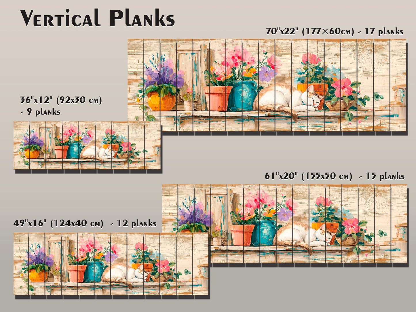 Wood Wall Art – Cozy Sleeping Cat Painting on Natural Wood Plank | Rustic Floral Decor