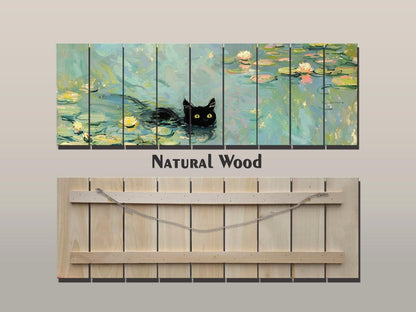 Wood Wall Art - Black Cat Swimming Among Water Lilies | Natural Wood Plank Print