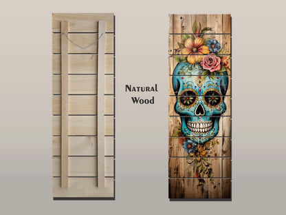 Mexican Sugar Skull Art – Rustic Wood Wall Decor | Vibrant Floral Skull Print