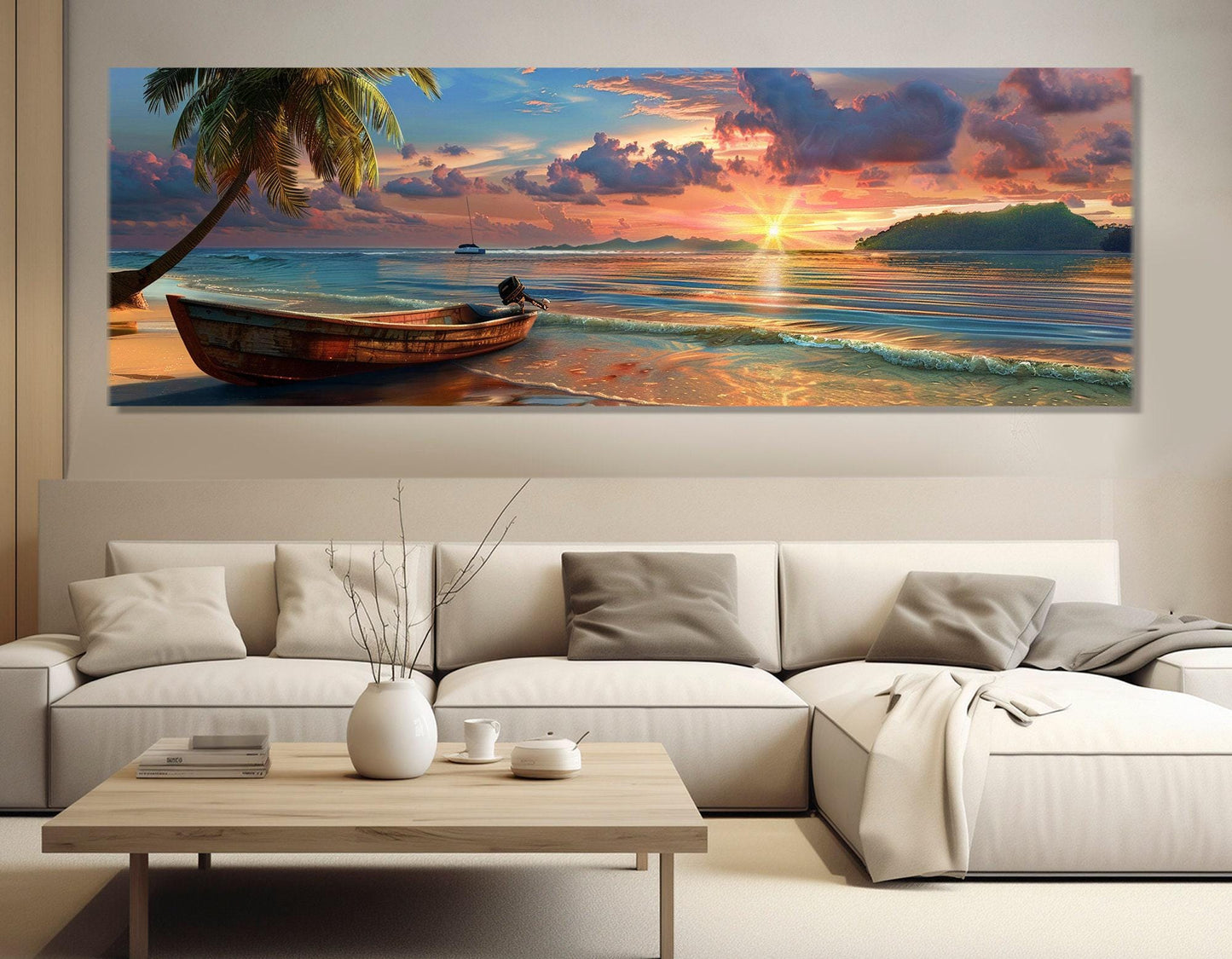 Beach Sunset Canvas Print – Vintage Boat Wall Art | Framed Canvas Art, Ready to Hang