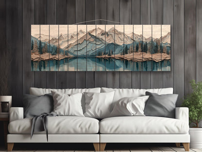 Panoramic Mountain Wood Art – Rustic Wood Decor With Layered Peaks Painting