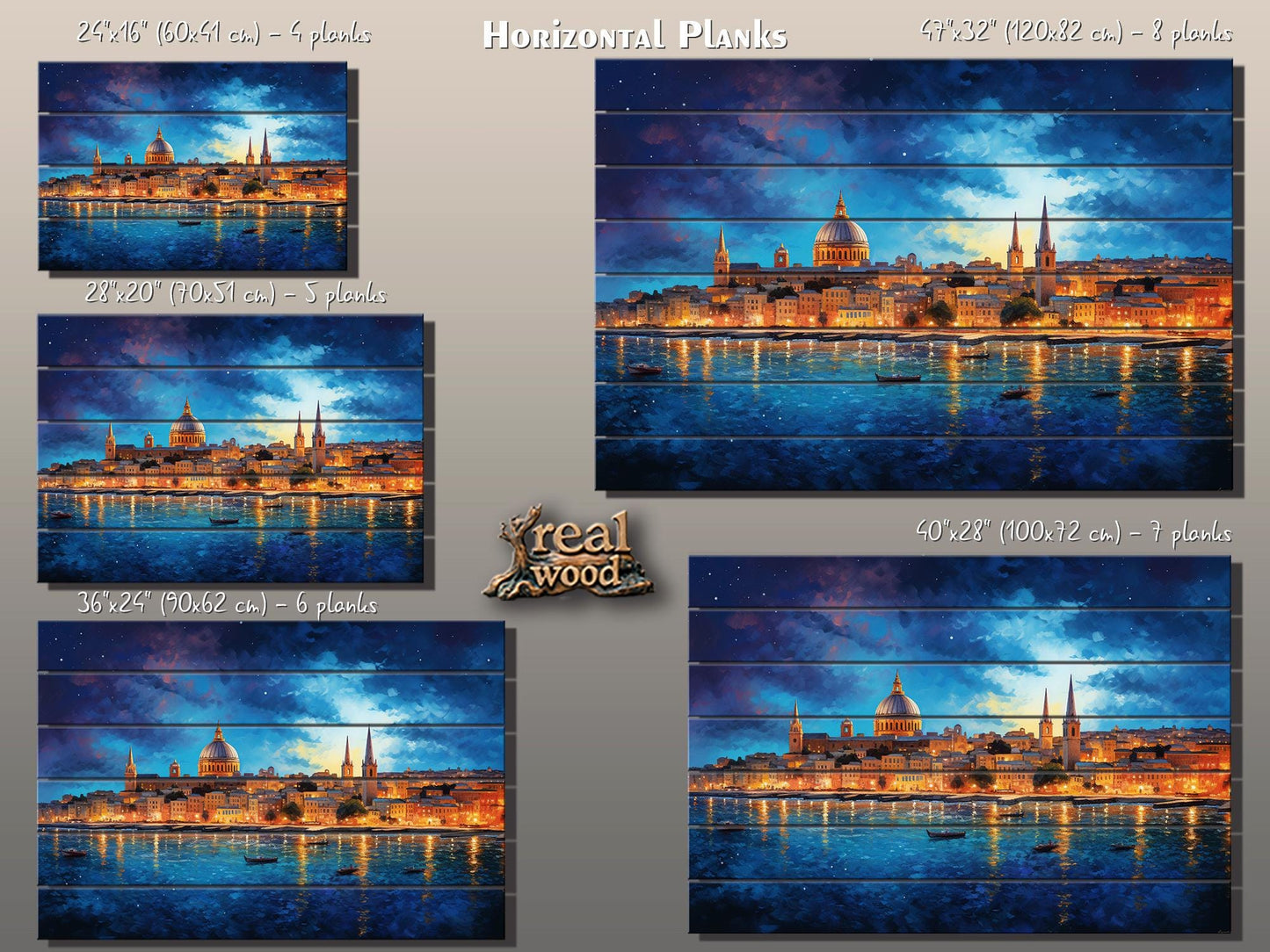 Wooden Wall Art - Rustic Valletta Skyline Print on Natural Wood Planks