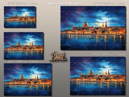 Wooden Wall Art - Rustic Valletta Skyline Print on Natural Wood Planks